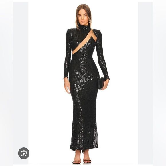 NEW Michael Costello x Revolve Houston Sequins Mesh Maxi Dress in Black.Size M - Picture 1 of 16